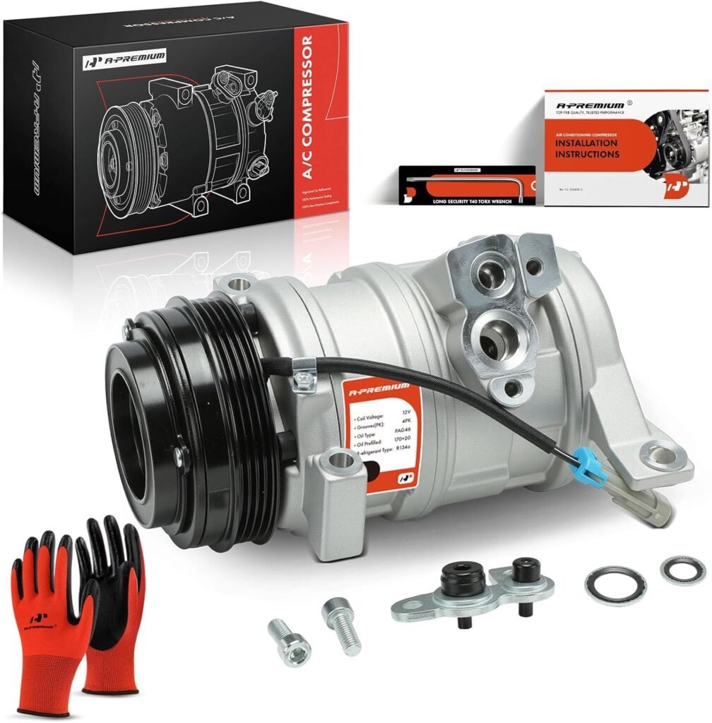 A-Premium AC Compressor with Clutch - with Mounting Holes - Compatible with Chevrolet, GMC Models - Silverado, Sierra, Tahoe, Yukon, Suburban, Express, Escalade, Savana, Avalanche, More