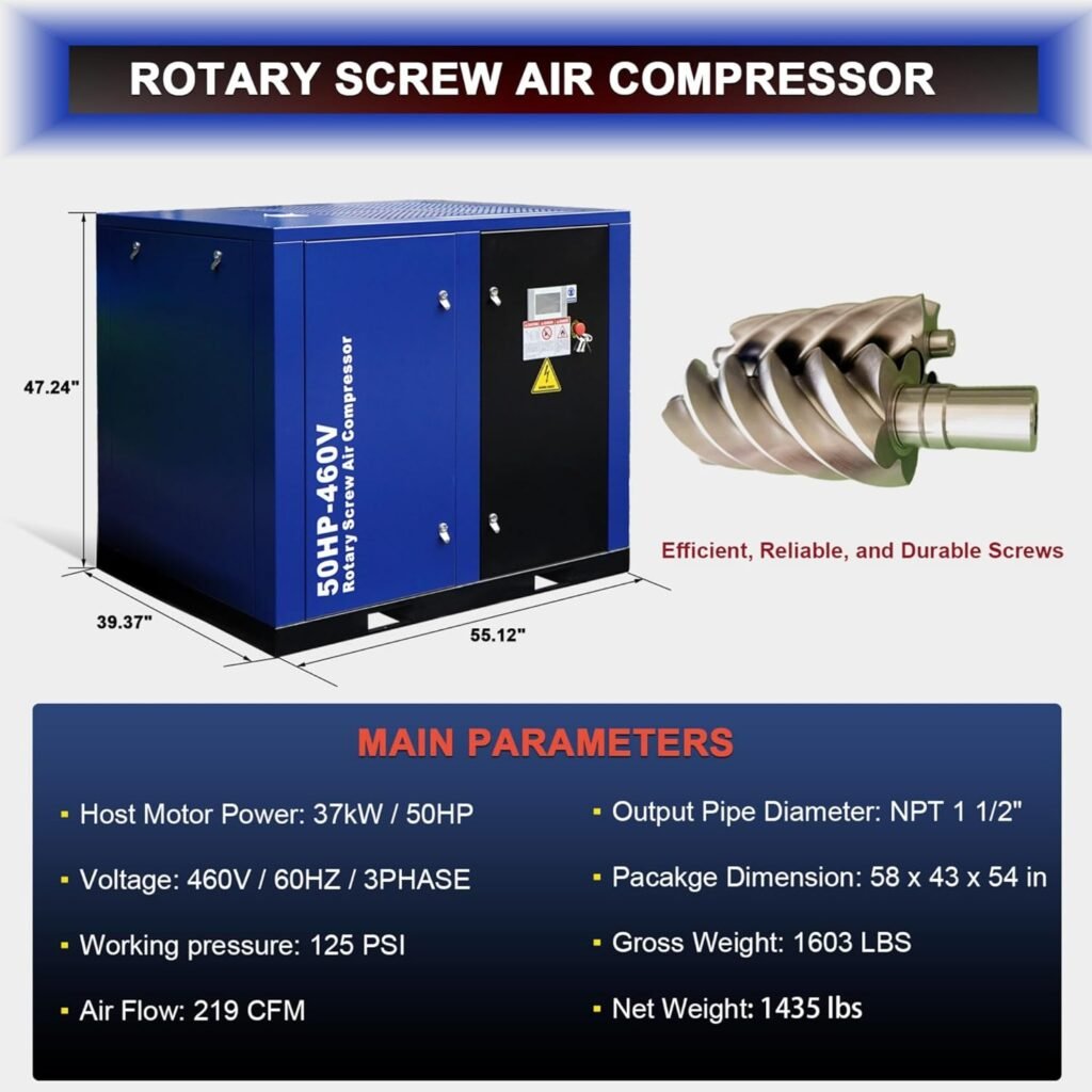 Chery Industrial 50HP Rotary Screw Air Compressor 219CFM 125PSI Fixed Speed Industrial Heavy Duty Air System (219CFM-50HP-460V) Chery Industrial 50HP Rotary Screw Air Compressor 219CFM 125PSI Fixed Speed Industrial Heavy Duty Air System (219CFM-50HP-460V)