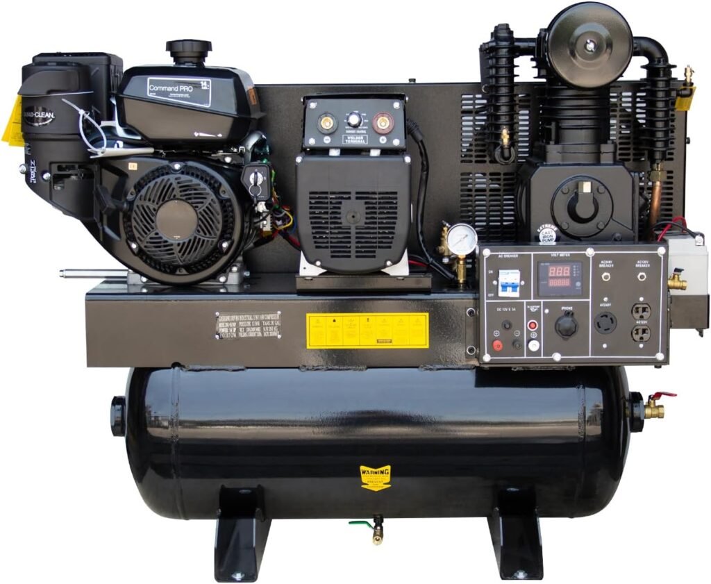 3-in-1 Gas Powered Air Compressor Generator Welder, 15HP Gallon ASME Tank, CFM PSI Two-Stage Pump, 6000W Generator/240V Electric Start, Truck Mounted Industrial Compressor