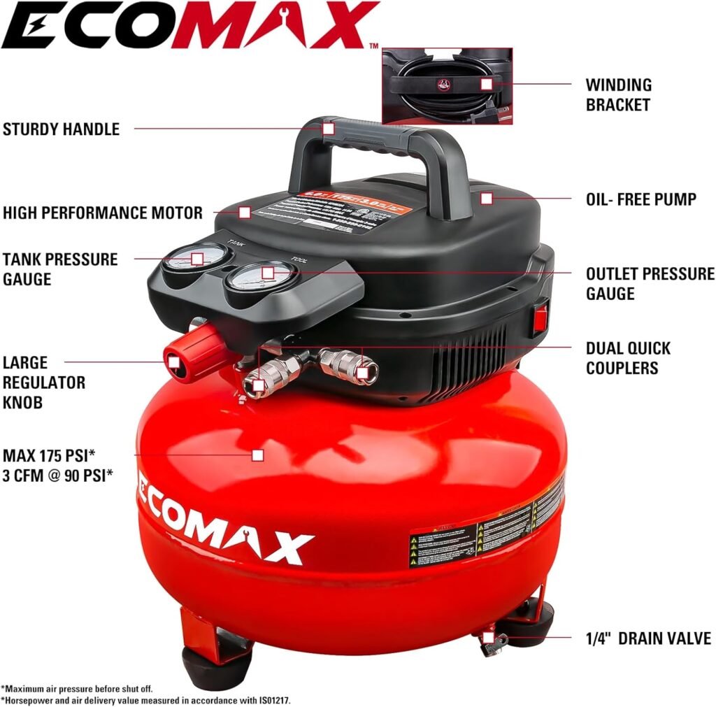 Air Compressor, 6-Gallon Pancake Air Compressor, MAX 175PSI, Compressor for Air Tools with PCS Air Compressor Accessories Kit