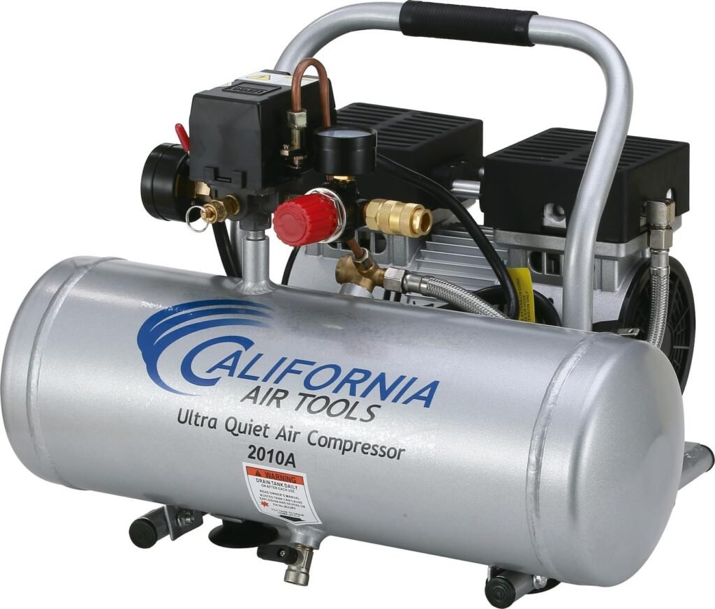 California Air Tools 2010A 1.0 HP Ultra Quiet and Oil-Free Air Compressor, Gallon Aluminum Tank, dBA Noise Level, Silver California Air Tools 2010A 1.0 HP Ultra Quiet and Oil-Free Air Compressor, Gallon Aluminum Tank, dBA Noise Level, Silver