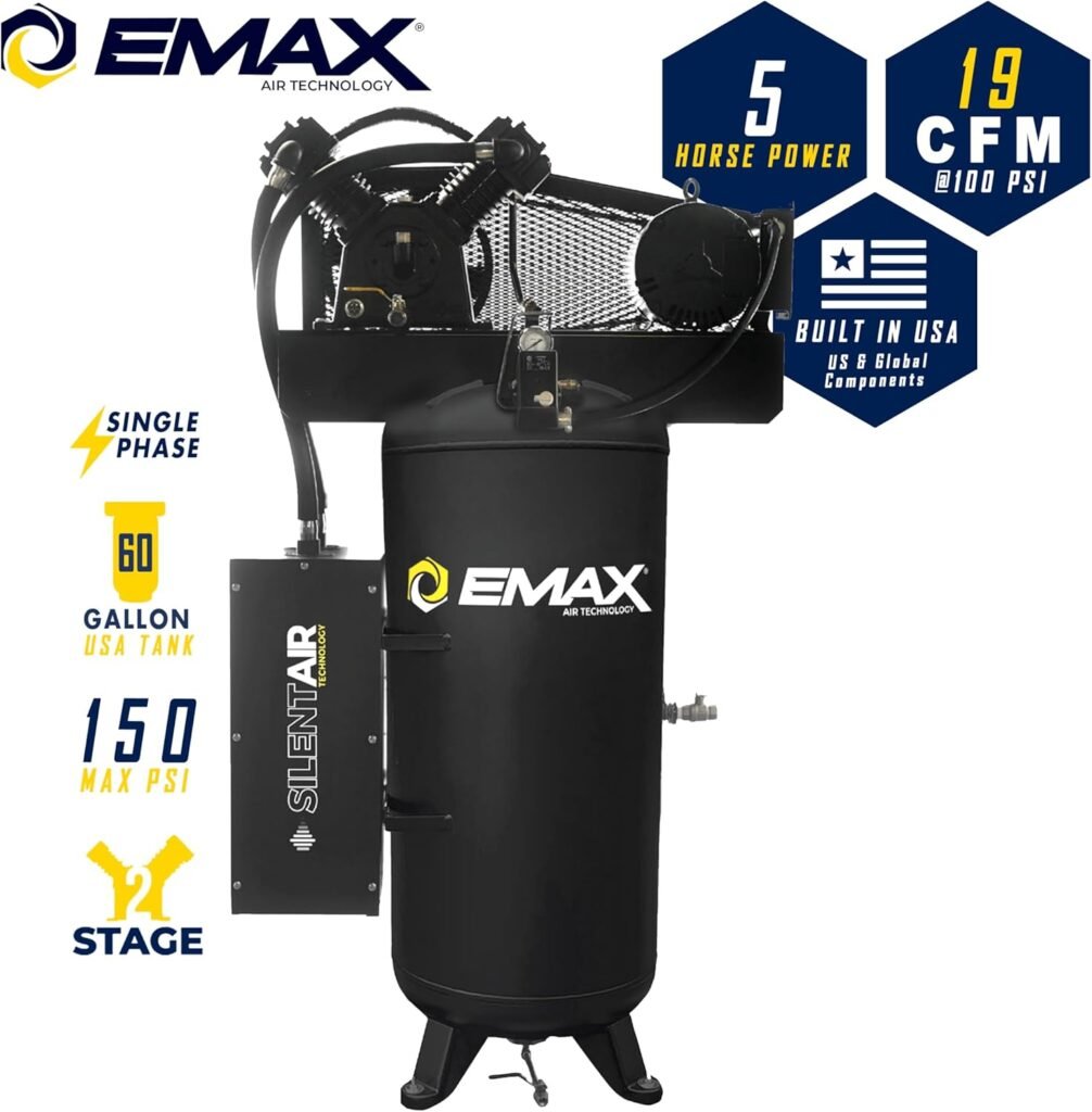 EMAX Silent Air Industrial Air Compressor - 5HP Gal 19CFM Single Stage Vertical Compressor with Splash Lubricated Pump, Isolator Pads Oil for First Change - ESS05V060V1 EMAX Silent Air Industrial Air Compressor - 5HP Gal 19CFM Single Stage Vertical Compressor with Splash Lubricated Pump, Isolator Pads Oil for First Change - ESS05V060V1