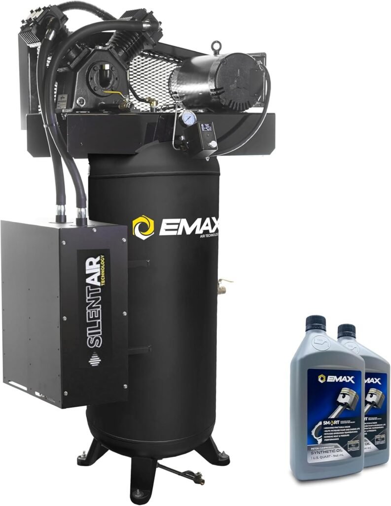 EMAX Silent Air Industrial Air Compressor - 5HP Gal 19CFM Single Stage Vertical Compressor with Splash Lubricated Pump, Isolator Pads Oil for First Change - ESS05V060V1 EMAX Silent Air Industrial Air Compressor - 5HP Gal 19CFM Single Stage Vertical Compressor with Splash Lubricated Pump, Isolator Pads Oil for First Change - ESS05V060V1