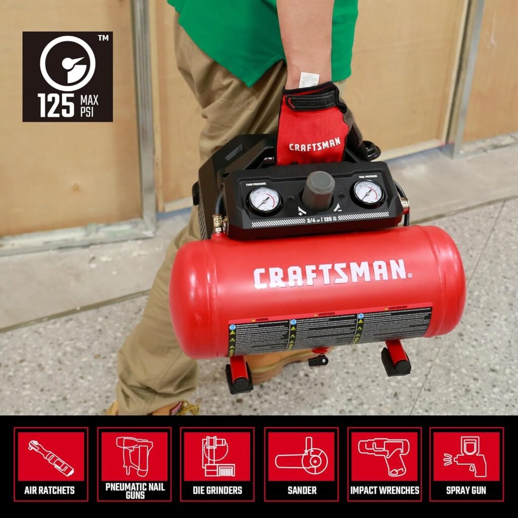 CRAFTSMAN Air Compressor, 1.5 Gallon,/4 HP, Max PSI, 1.5 CFM@90psi, Fast Fill Air Compressor, Oil-Free, Portable Air Compressor for DIY Workshop,Spray Painting, Tire Inflation CRAFTSMAN Air Compressor, 1.5 Gallon,/4 HP, Max PSI, 1.5 CFM@90psi, Fast Fill Air Compressor, Oil-Free, Portable Air Compressor for DIY Workshop,Spray Painting, Tire Inflation