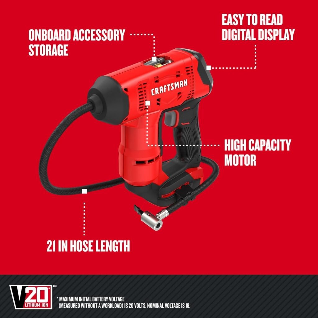 CRAFTSMAN V20 Air Compressor Portable, Cordless Tire Inflator, Up To PSI Tire Pump, with Digital Pressure Gauge, Tool Only (CMCE521B)