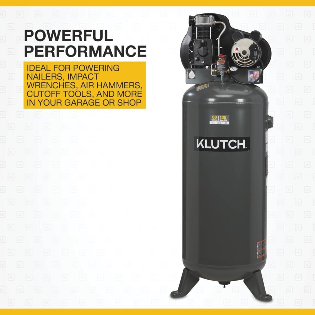 Klutch 60-Gallon Single-Stage Vertical Air Compressor, 3.7 HP, Volts Klutch 60-Gallon Single-Stage Vertical Air Compressor, 3.7 HP, Volts