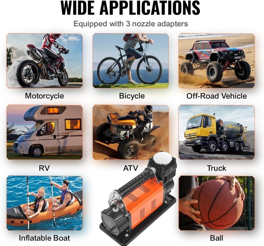VEVOR 12V Heavy Duty Air Compressor - with Digital Pressure Gauge Tire Inflator Kit, 7.06 CFM Portable Tire Inflator, 150PSI Offroad Air Pump with Adapters for Trucks Car SUV x Vehicle RV VEVOR 12V Heavy Duty Air Compressor - with Digital Pressure Gauge Tire Inflator Kit, 7.06 CFM Portable Tire Inflator, 150PSI Offroad Air Pump with Adapters for Trucks Car SUV x Vehicle RV
