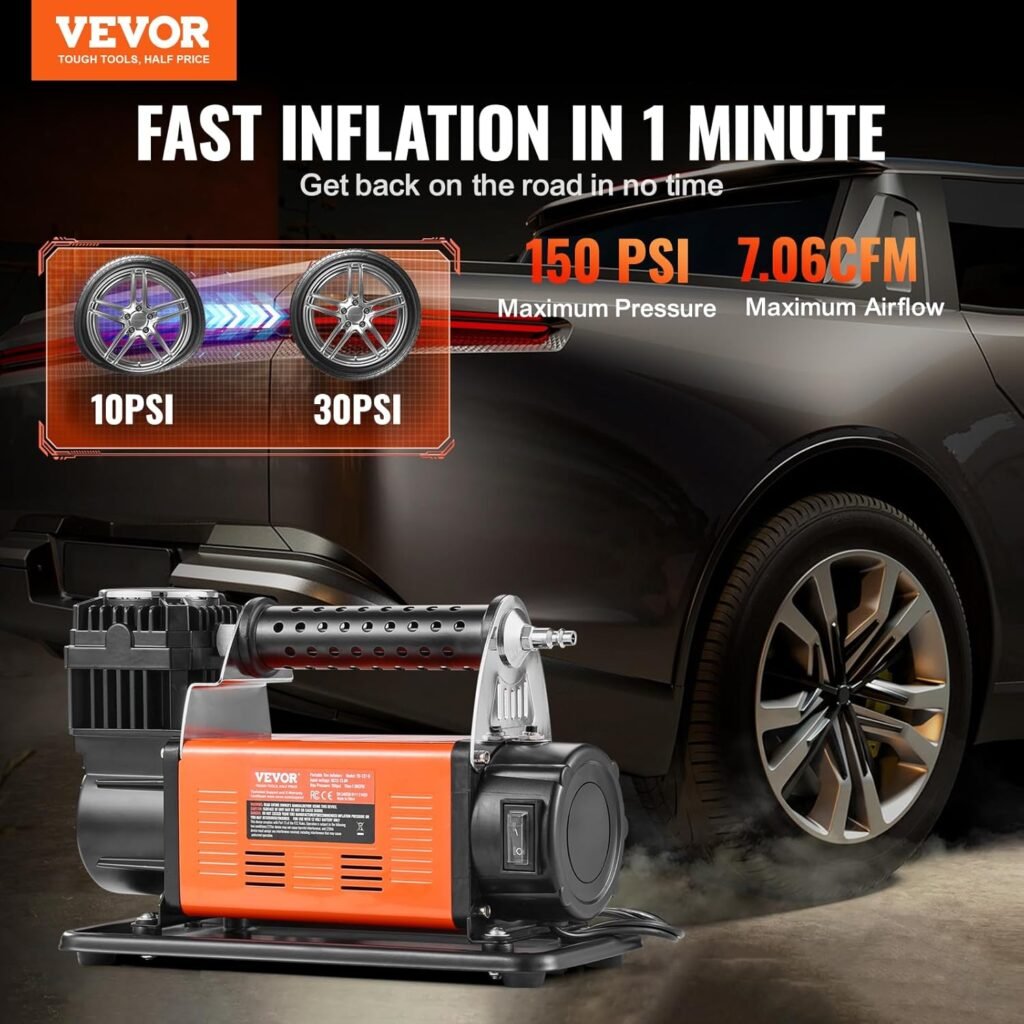 VEVOR 12V Heavy Duty Air Compressor - with Digital Pressure Gauge Tire Inflator Kit, 7.06 CFM Portable Tire Inflator, 150PSI Offroad Air Pump with Adapters for Trucks Car SUV x Vehicle RV VEVOR 12V Heavy Duty Air Compressor - with Digital Pressure Gauge Tire Inflator Kit, 7.06 CFM Portable Tire Inflator, 150PSI Offroad Air Pump with Adapters for Trucks Car SUV x Vehicle RV